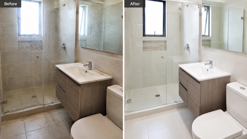 Side-by-side view comparing a bathroom before and after detailed cleaning