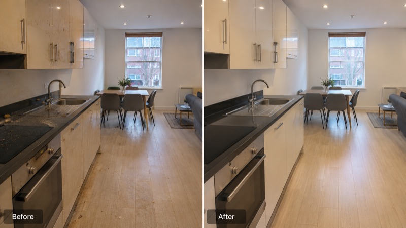 Side-by-side view comparing a kitchen before and after detailed cleaning