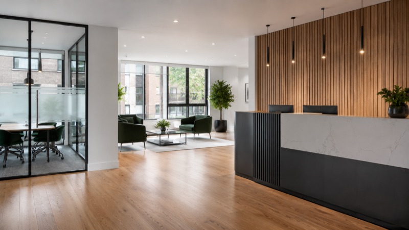 Clean, modern commercial reception and meeting area