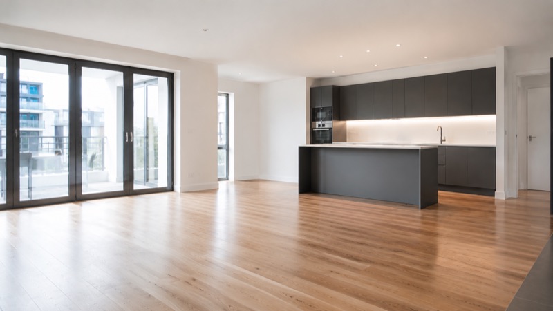 Empty immaculate apartment with a clean open-plan kitchen