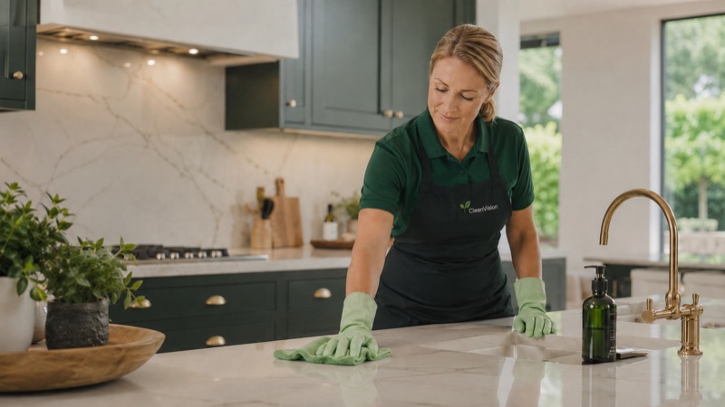 Cleaner in CleanVision-branded workwear carefully wiping a kitchen worktop